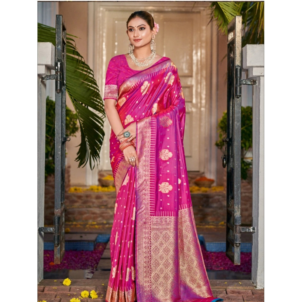 Women's Silk Woven Design Saree With Unstitched Blouse 5.5Mtr (Pink) - GillKart