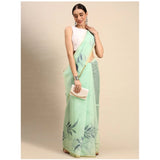 Women's Organza Floral Print Saree With Unstitched Blouse 5.5Mtr (Sea Green) - GillKart