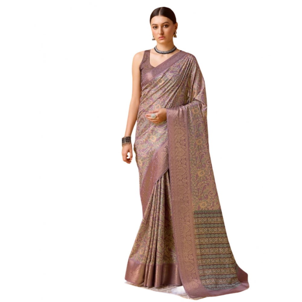 Women's Cotton Printed Saree With Unstitched Blouse 5.5Mtr (Purple) - GillKart