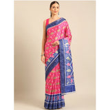 Women's Cotton Printed Saree With Unstitched Blouse 5.5Mtr (Pink-Blue) - GillKart