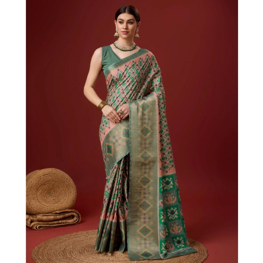 Women's Cotton Printed Saree With Unstitched Blouse 5.5Mtr (Green) - GillKart