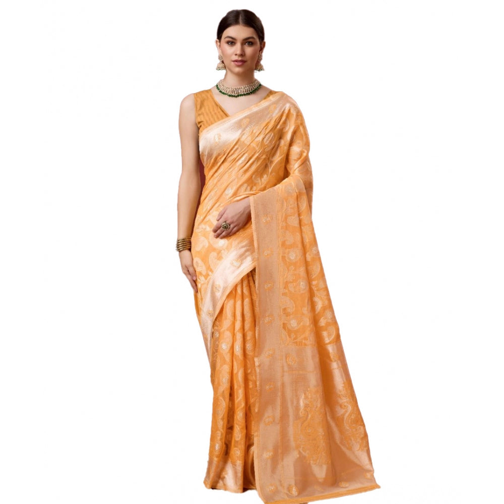 Women's Cotton Woven Design Saree With Unstitched Blouse 5.5Mtr (Orange) - GillKart