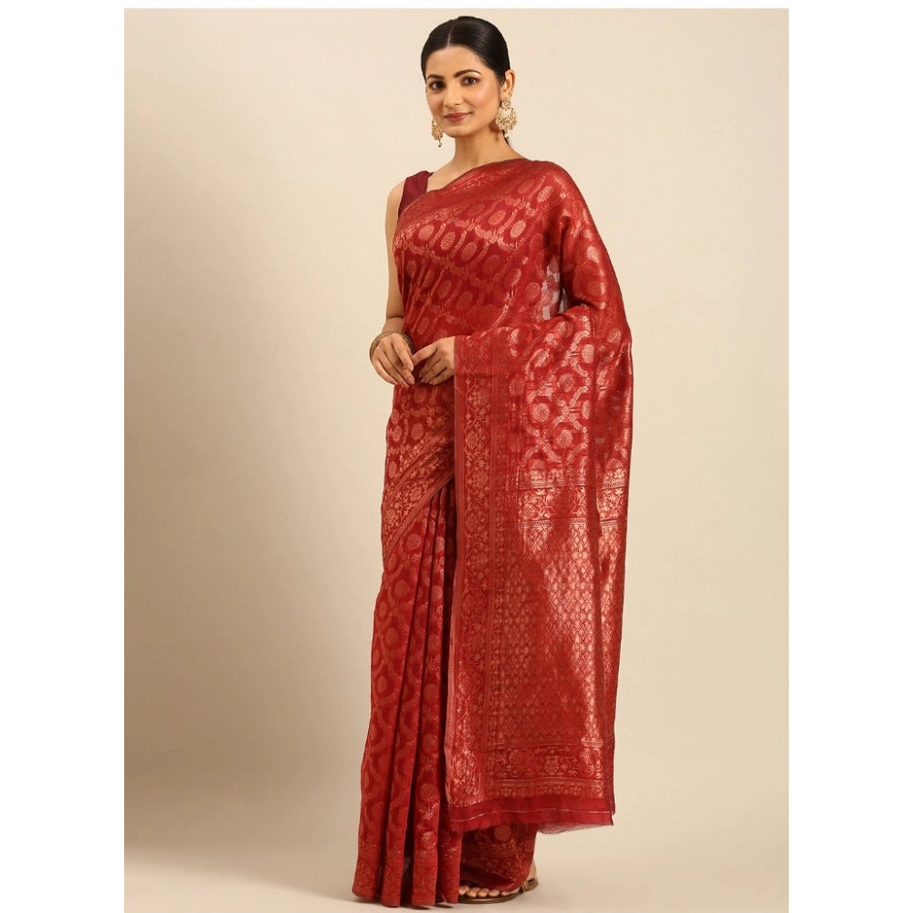 Women's Cotton Woven Design Saree With Unstitched Blouse 5.5Mtr (Red) - GillKart