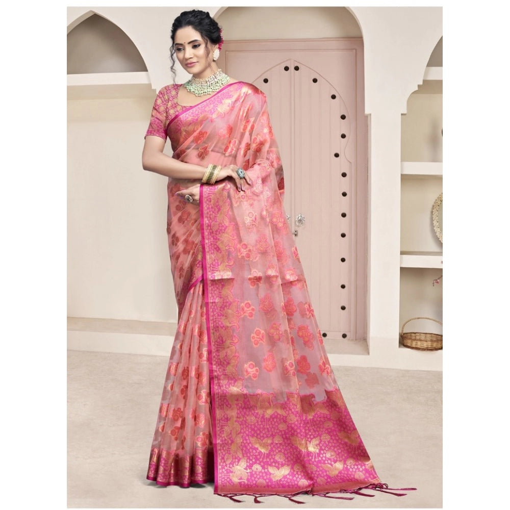 Women's Organza Woven Design Saree With Unstitched Blouse 5.5Mtr (Pink) - GillKart