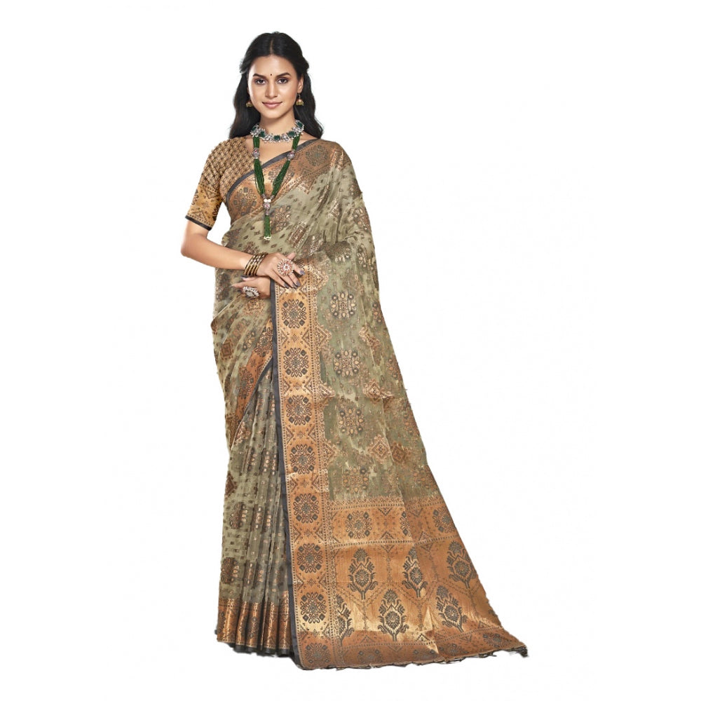 Women's Organza Woven Design Saree With Unstitched Blouse 5.5Mtr (Grey) - GillKart