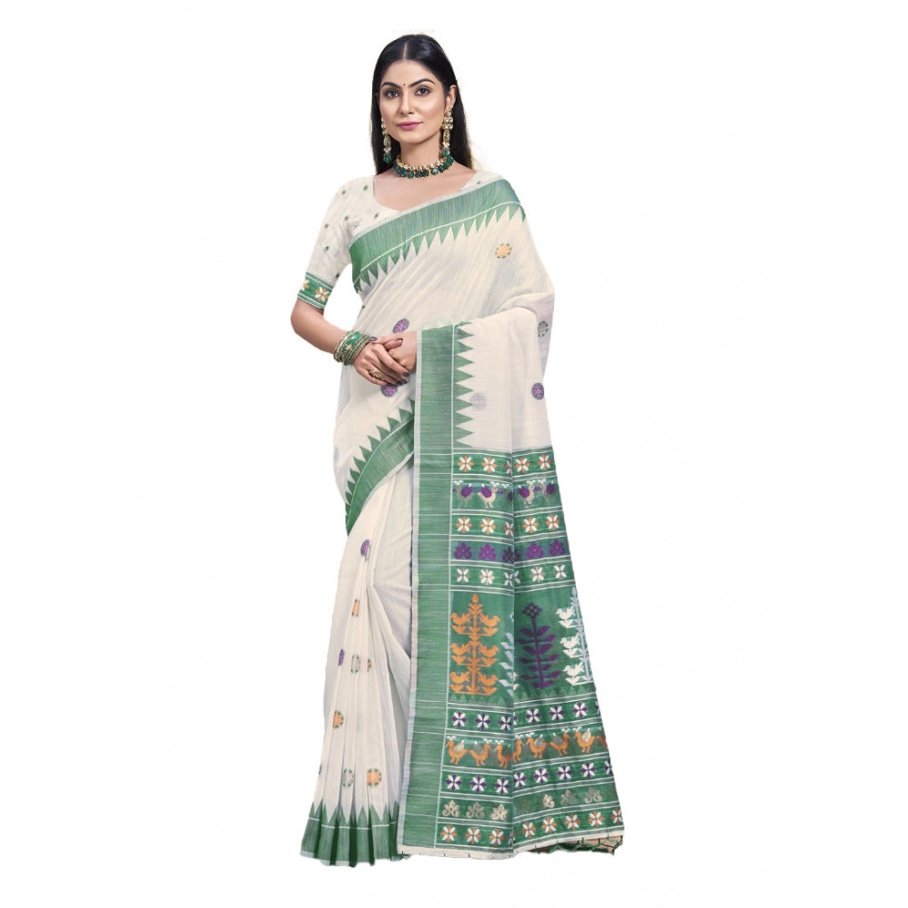 Women's Cotton Printed Saree With Unstitched Blouse 5.5Mtr (Green) - GillKart