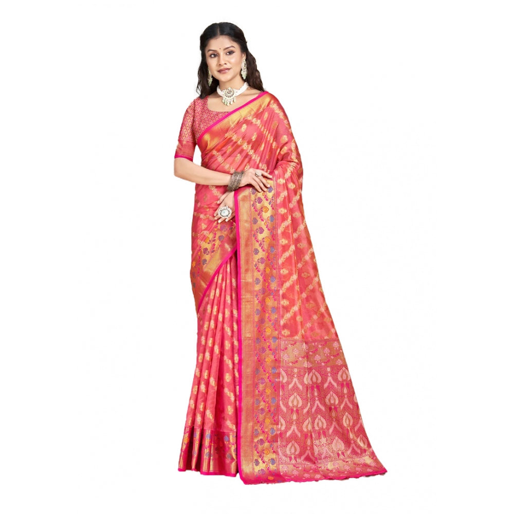 Women's Silk Woven Design Saree With Unstitched Blouse 5.5Mtr (Pink) - GillKart