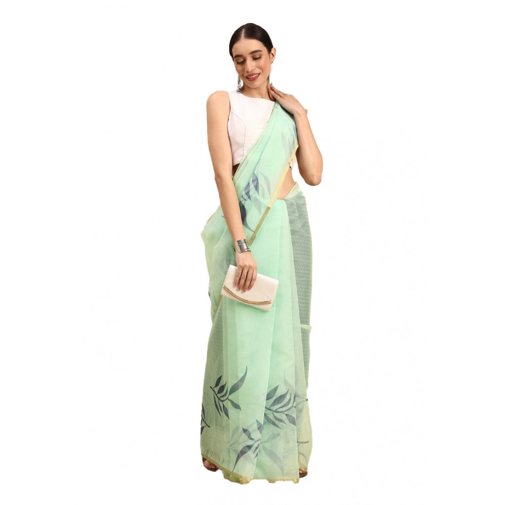 Women's Organza Floral Print Saree With Unstitched Blouse 5.5Mtr (Sea Green) - GillKart