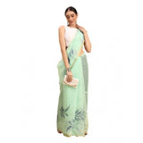 Women's Organza Floral Print Saree With Unstitched Blouse 5.5Mtr (Sea Green) - GillKart