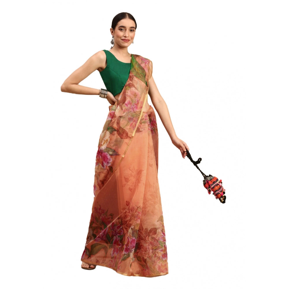 Women's Organza Printed Saree With Unstitched Blouse 5.5Mtr (Peach) - GillKart