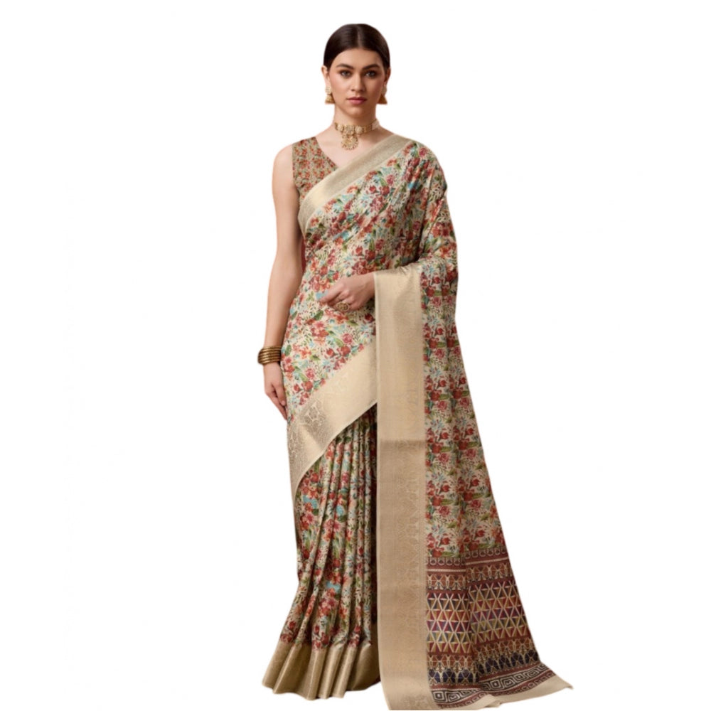 Women's Cotton Printed Saree With Unstitched Blouse 5.5Mtr (White-Red) - GillKart