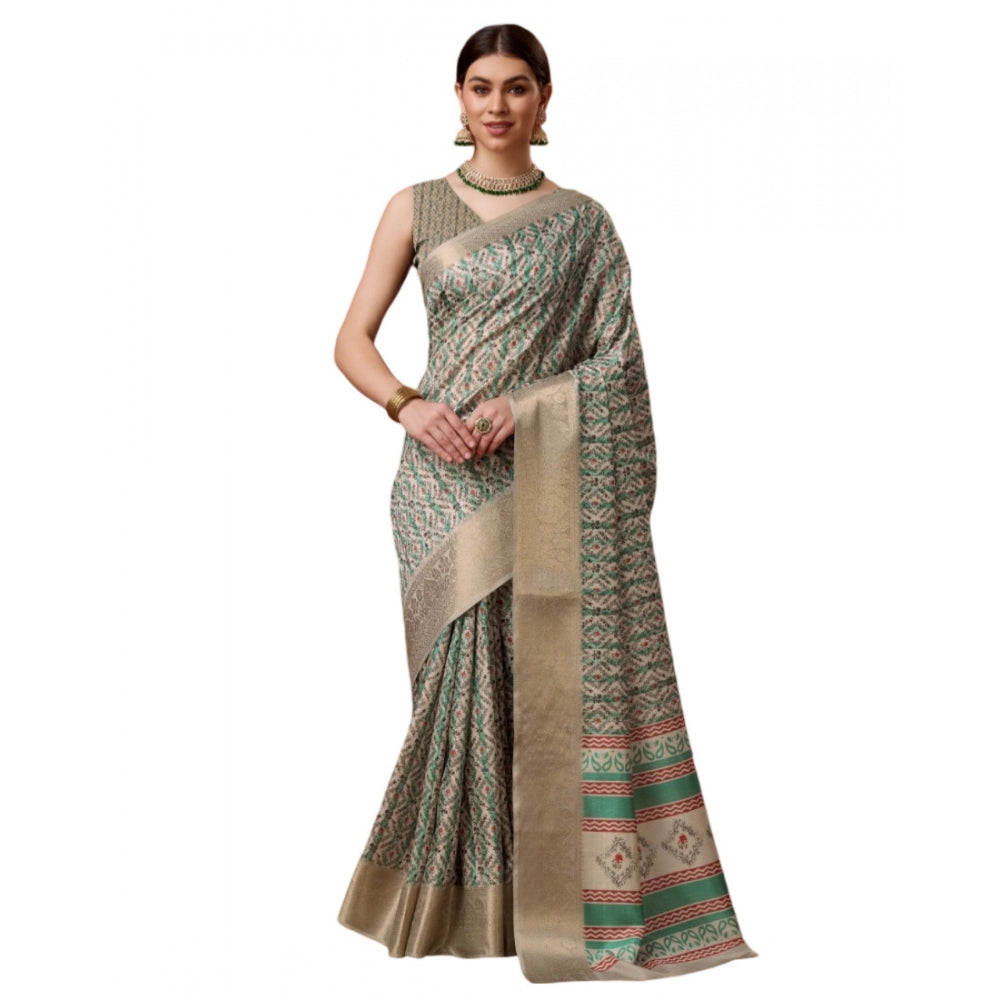 Women's Cotton Printed Saree With Unstitched Blouse 5.5Mtr (Turquoise) - GillKart