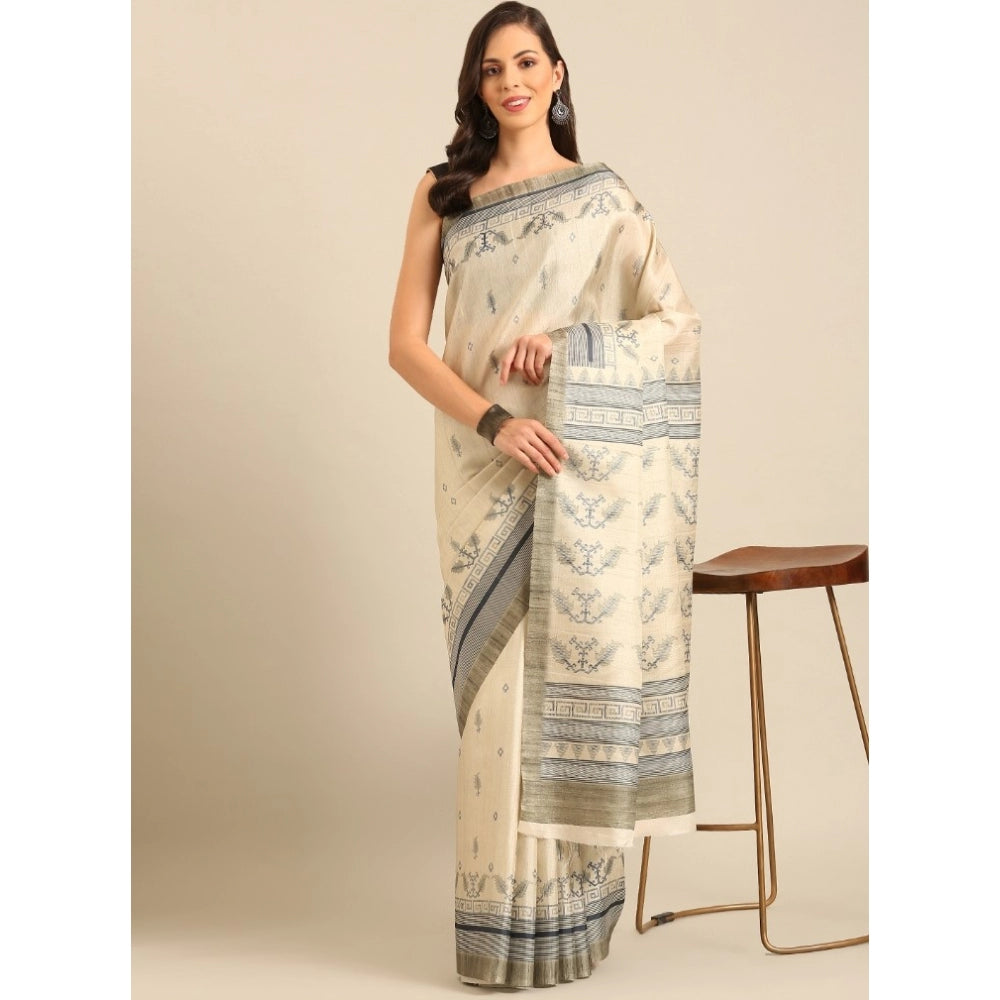 Women's Cotton Printed Saree With Unstitched Blouse 5.5Mtr (Cream) - GillKart