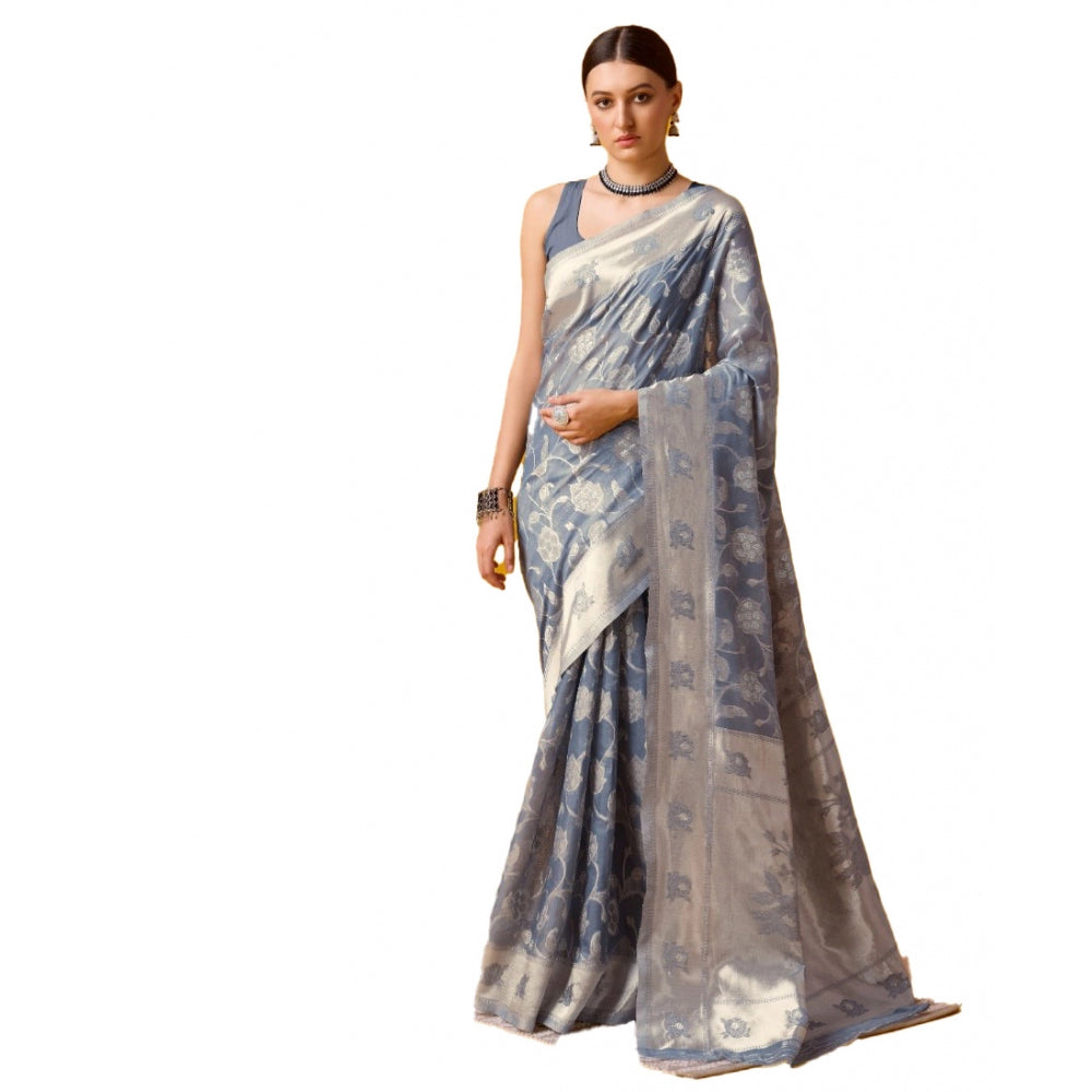 Women's Cotton Printed Saree With Unstitched Blouse 5.5Mtr (Grey) - GillKart