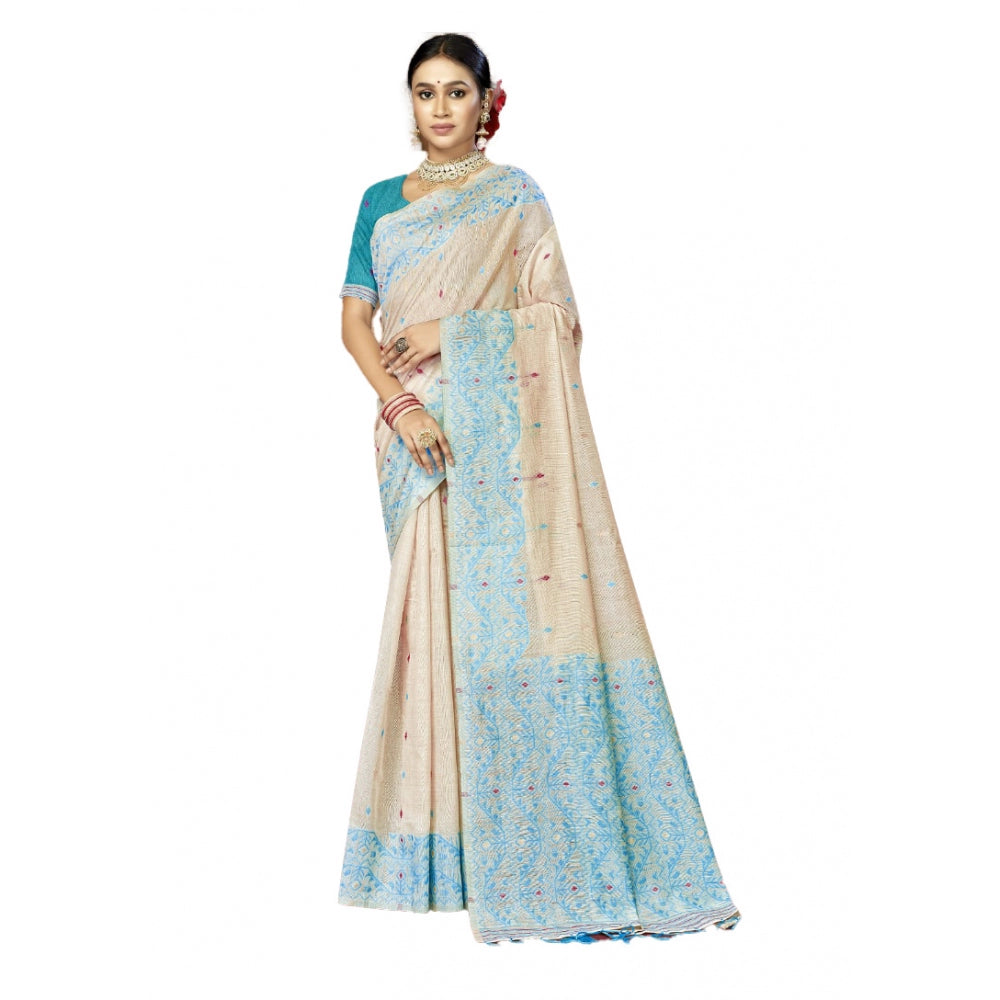 Women's Cotton Woven Design Saree With Unstitched Blouse 5.5Mtr (SkyBlue) - GillKart