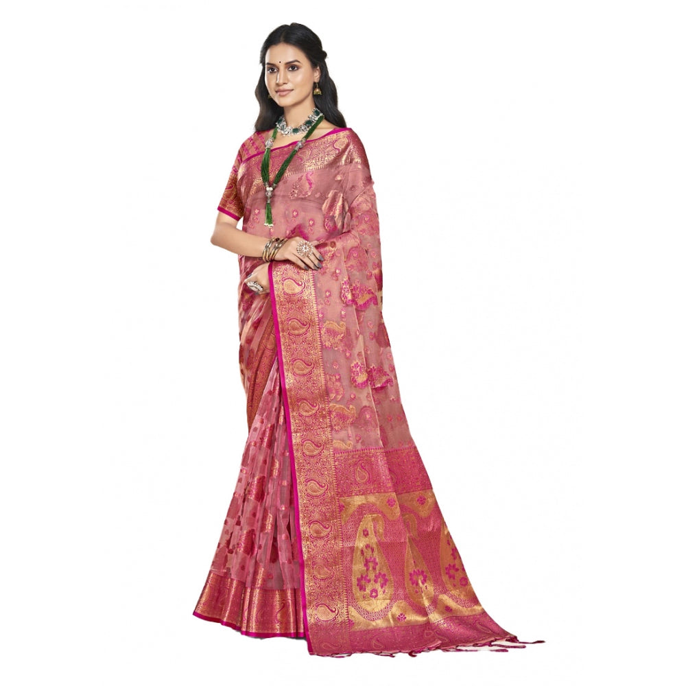 Women's Organza Woven Design Saree With Unstitched Blouse 5.5Mtr (Pink) - GillKart