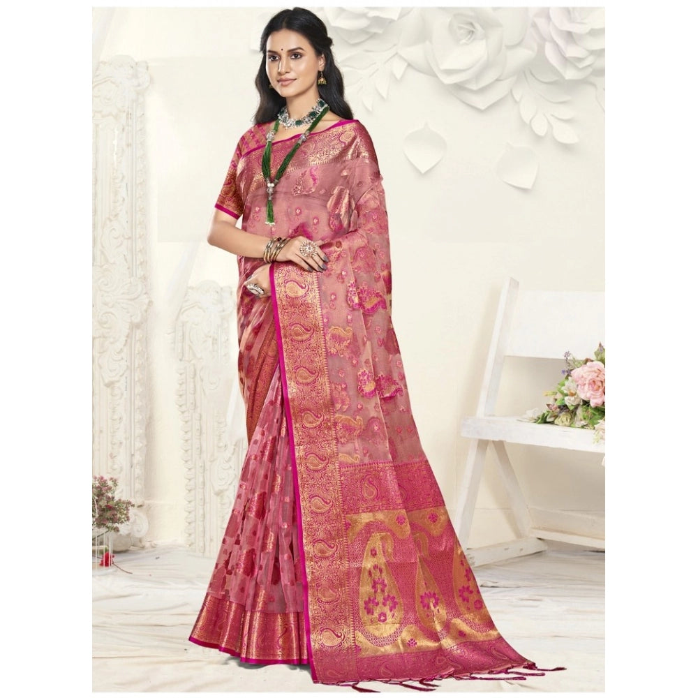 Women's Organza Woven Design Saree With Unstitched Blouse 5.5Mtr (Pink) - GillKart