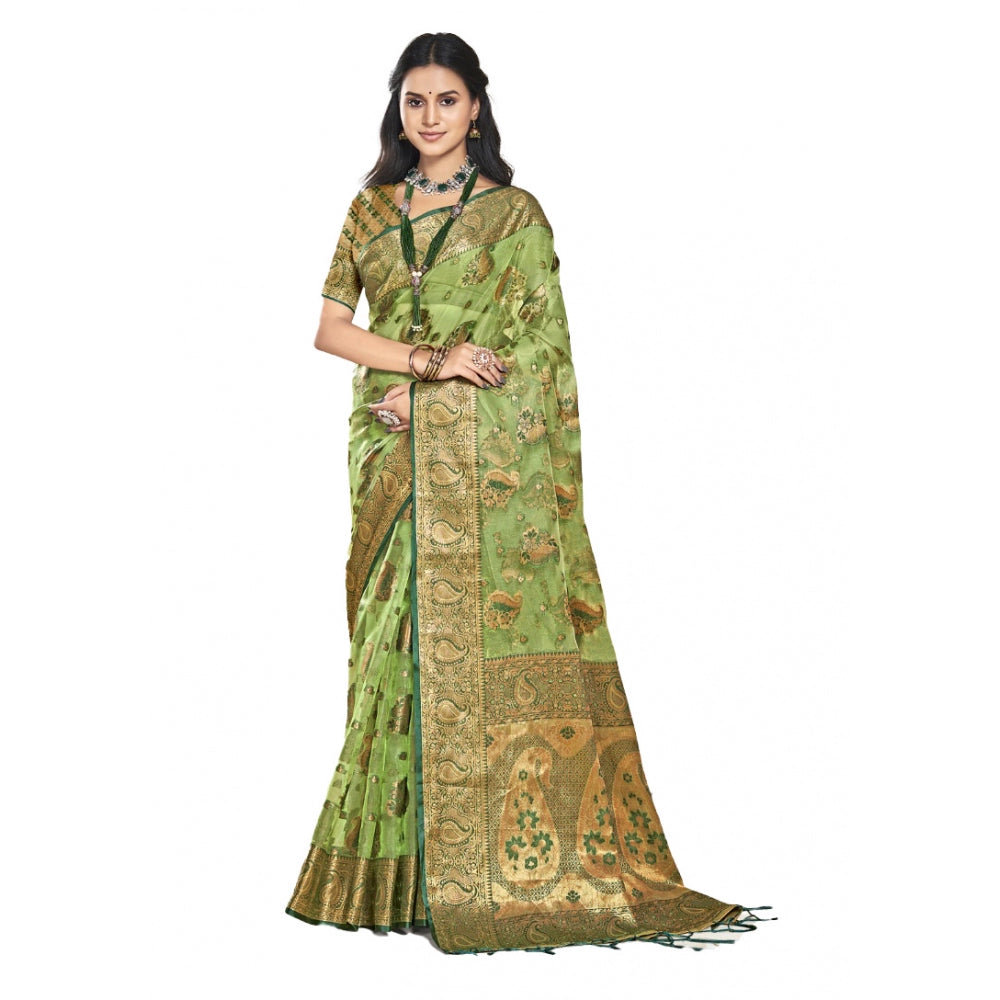 Women's Organza Woven Design Saree With Unstitched Blouse 5.5Mtr (Green) - GillKart