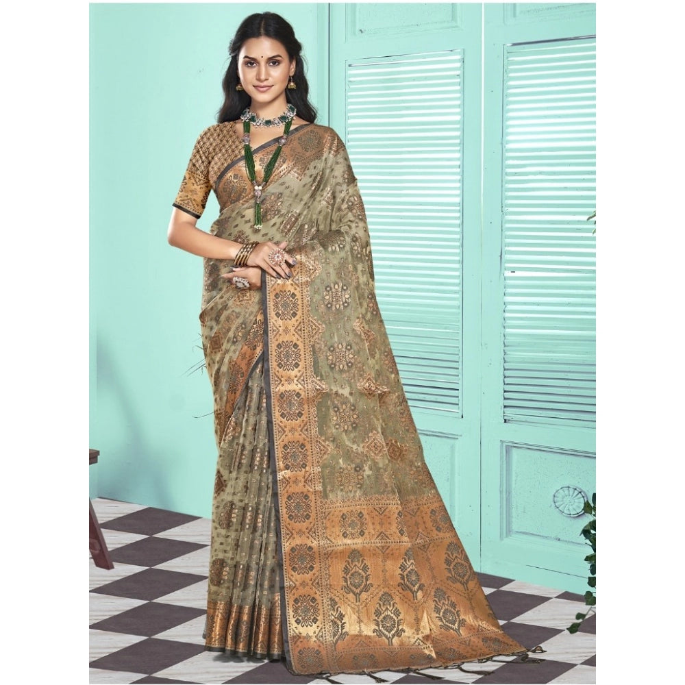 Women's Organza Woven Design Saree With Unstitched Blouse 5.5Mtr (Grey) - GillKart