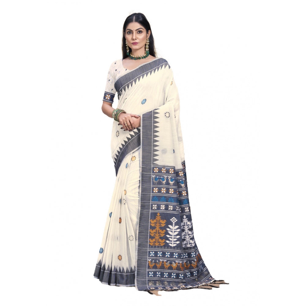 Women's Cotton Printed Saree With Unstitched Blouse 5.5Mtr (Grey) - GillKart