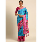 Women's Cotton Printed Saree With Unstitched Blouse 5.5Mtr (Blue) - GillKart