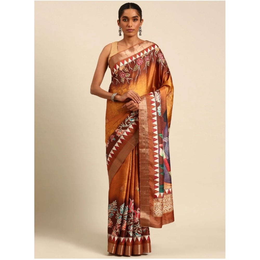 Women's Cotton Printed Saree With Unstitched Blouse 5.5Mtr (Gold) - GillKart