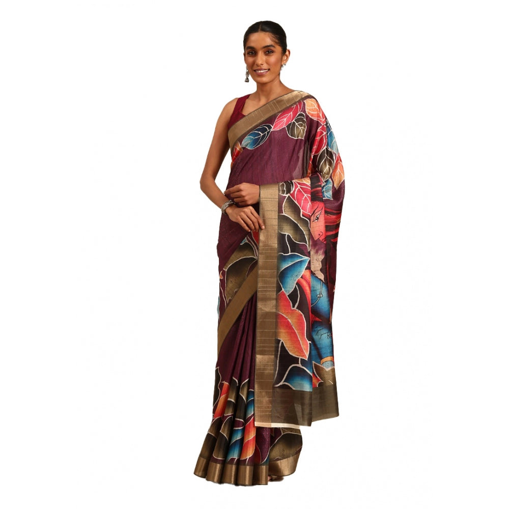 Women's Cotton Printed Saree With Unstitched Blouse 5.5Mtr (Maroon) - GillKart