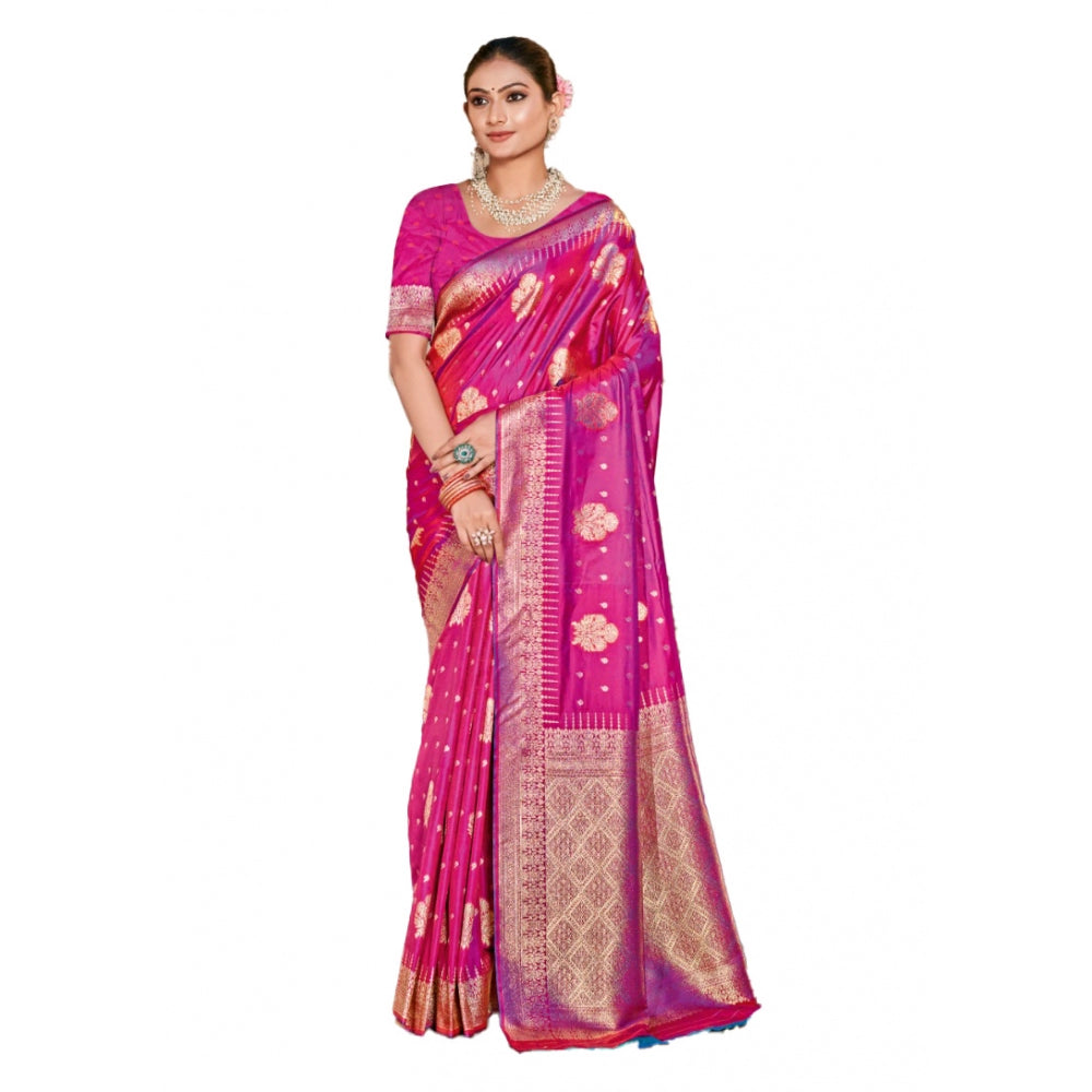 Women's Silk Woven Design Saree With Unstitched Blouse 5.5Mtr (Pink) - GillKart