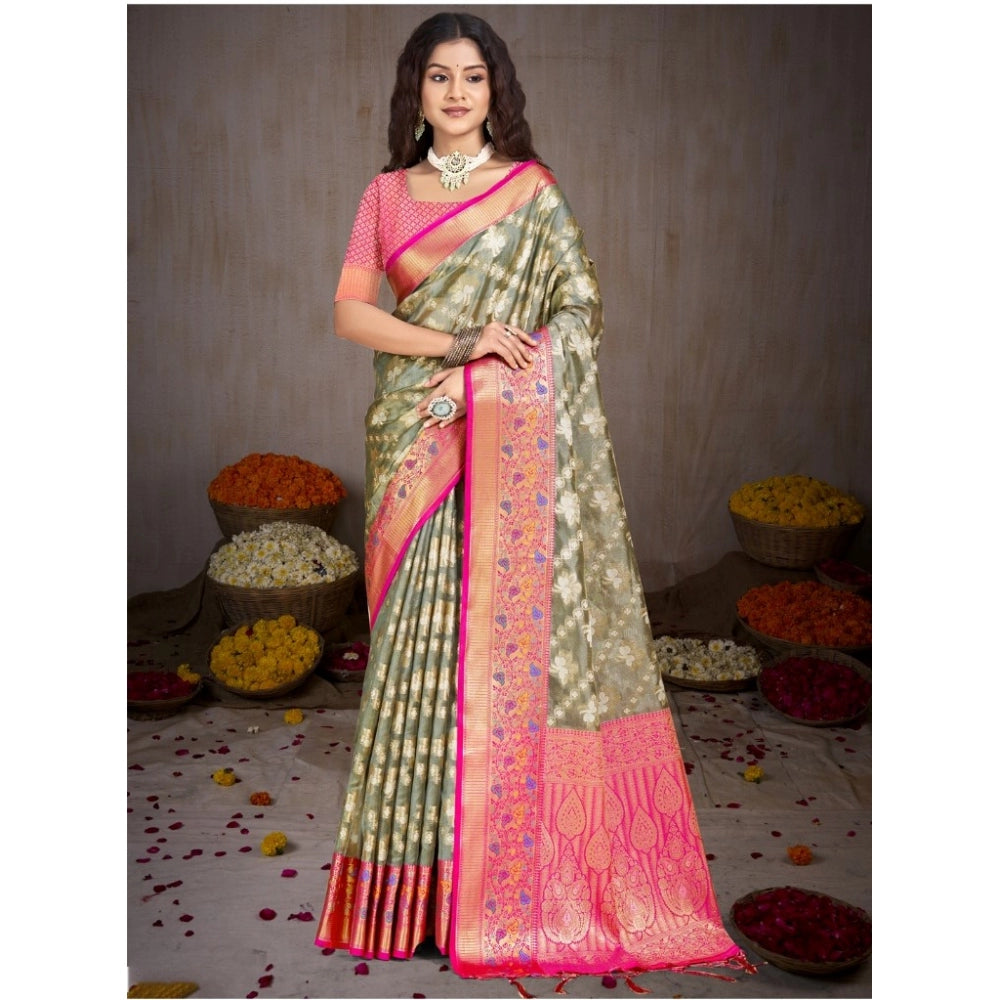 Women's Silk Woven Design Saree With Unstitched Blouse 5.5Mtr (Grey) - GillKart