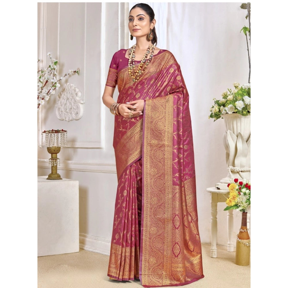 Women's Silk Printed Saree With Unstitched Blouse 5.5Mtr (Pink) - GillKart