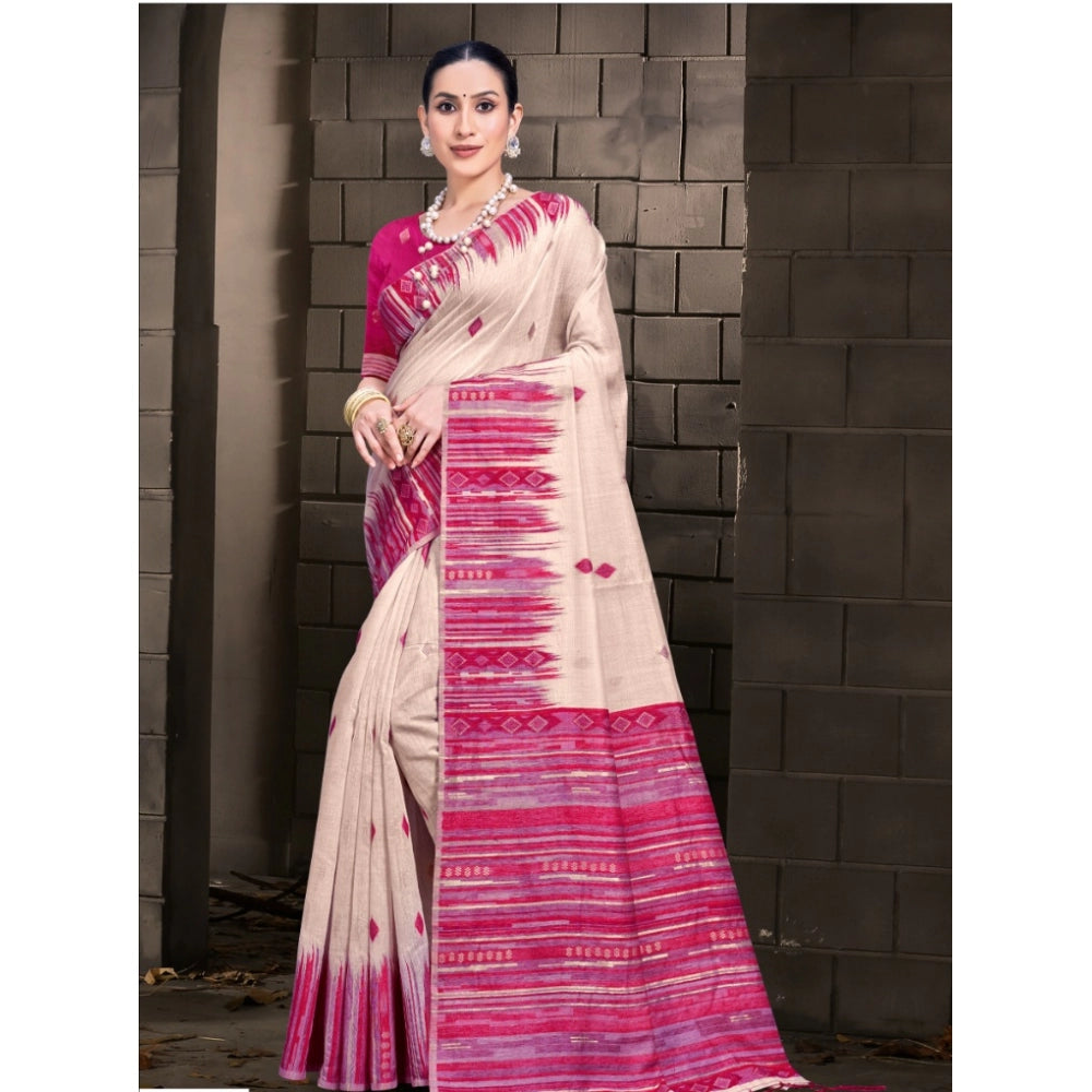 Women's Cotton Printed Saree With Unstitched Blouse 5.5Mtr (Cream-Darkpink) - GillKart