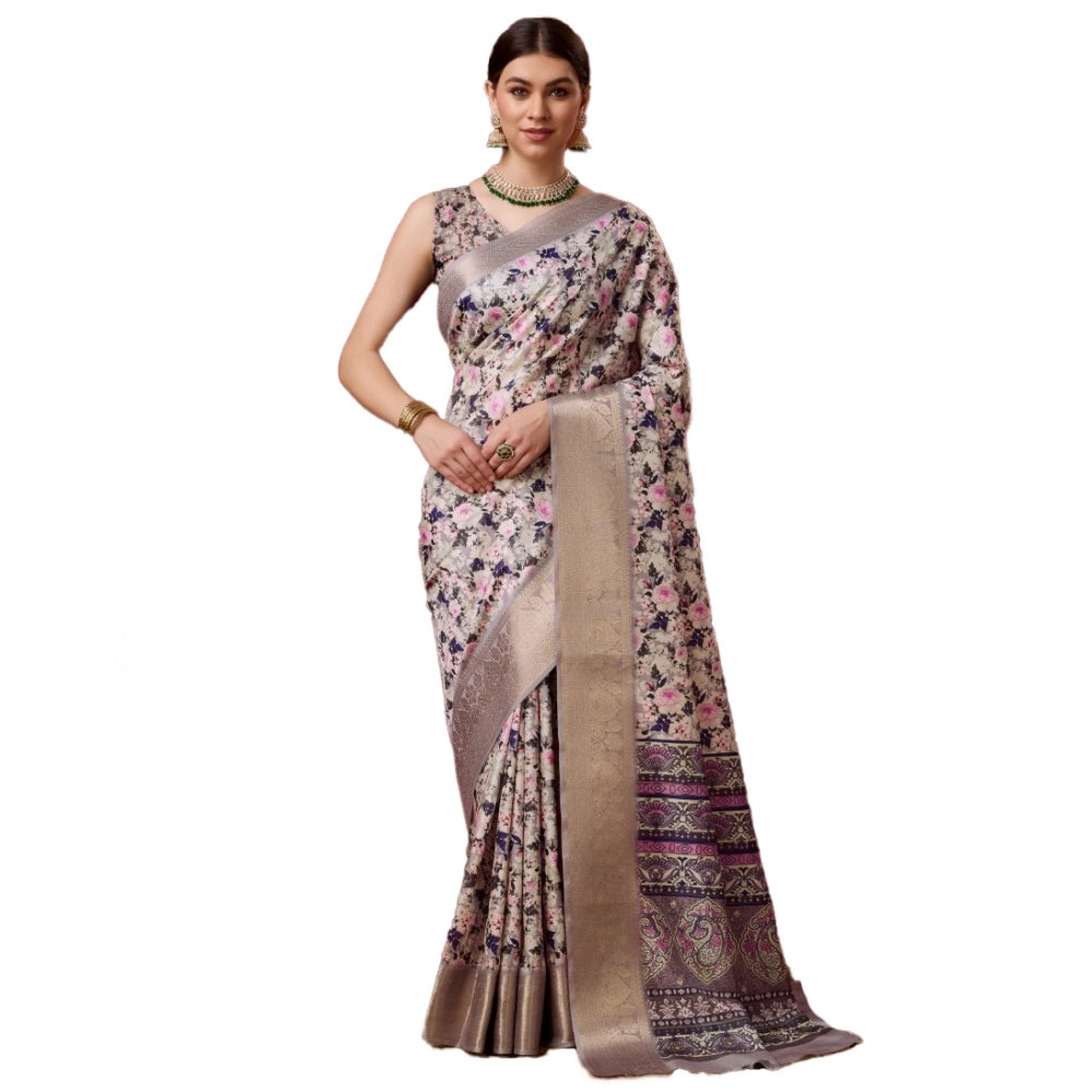 Women's Cotton Printed Saree With Unstitched Blouse 5.5Mtr (Cream) - GillKart