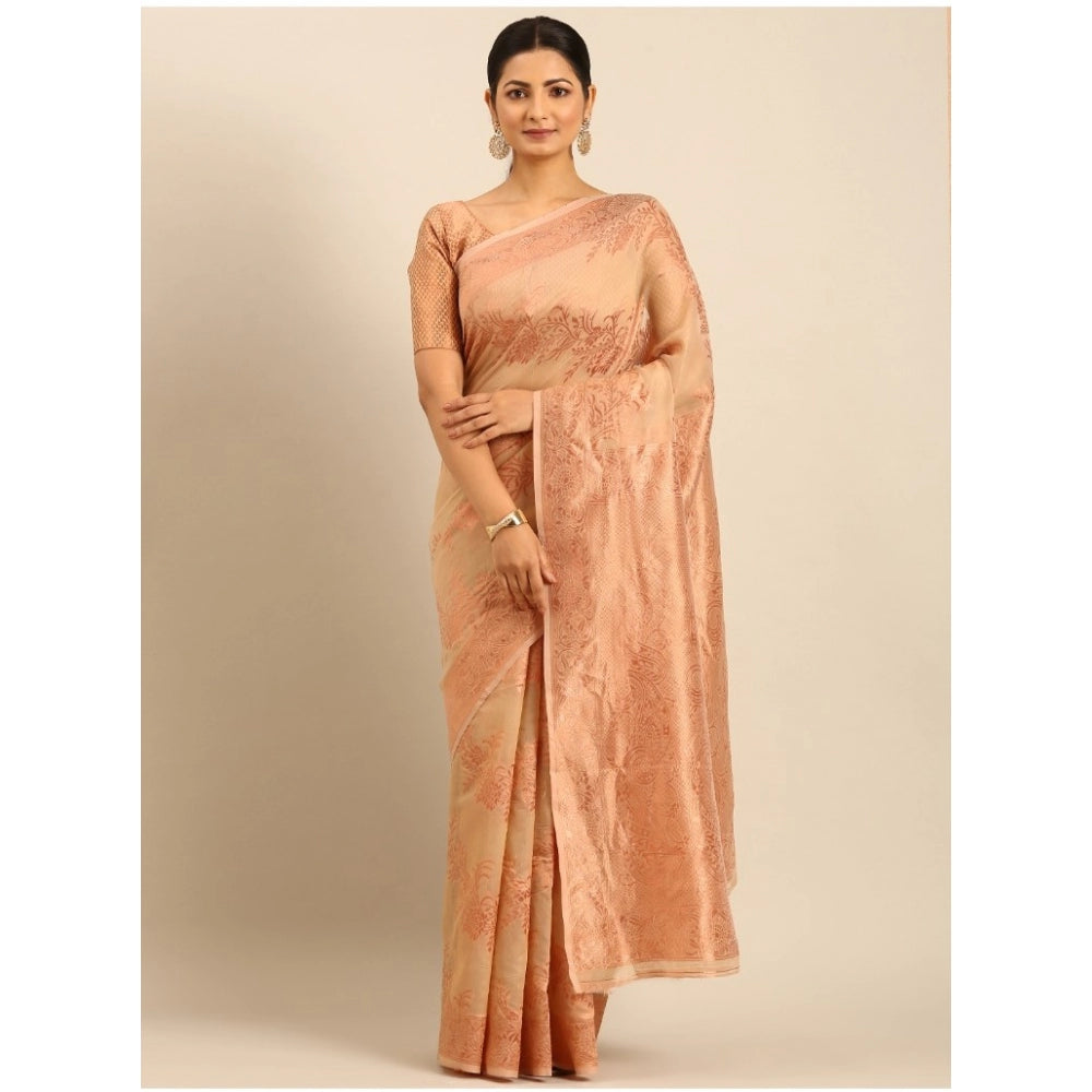 Women's Cotton Woven Design Saree With Unstitched Blouse 5.5Mtr (Beige) - GillKart