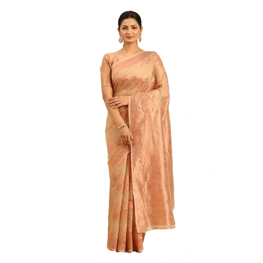 Women's Cotton Woven Design Saree With Unstitched Blouse 5.5Mtr (Beige) - GillKart