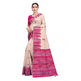 Women's Cotton Printed Saree With Unstitched Blouse 5.5Mtr (Cream-Darkpink) - GillKart