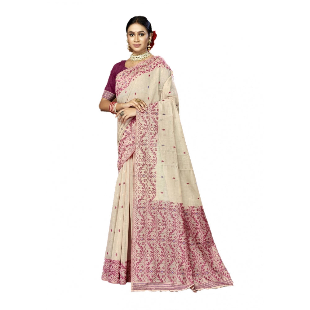 Women's Cotton Printed Saree With Unstitched Blouse 5.5Mtr (Purple) - GillKart