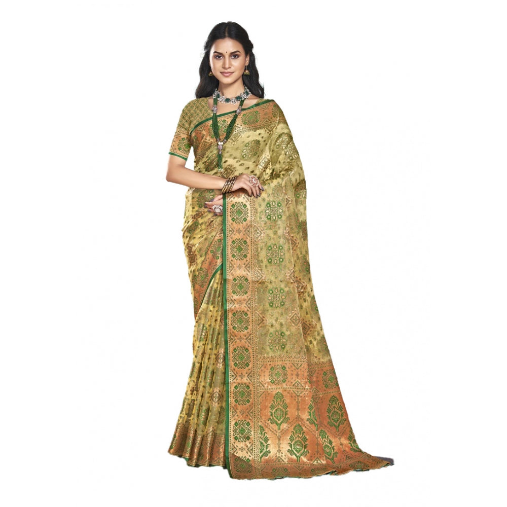 Women's Organza Woven Design Saree With Unstitched Blouse 5.5Mtr (Green) - GillKart