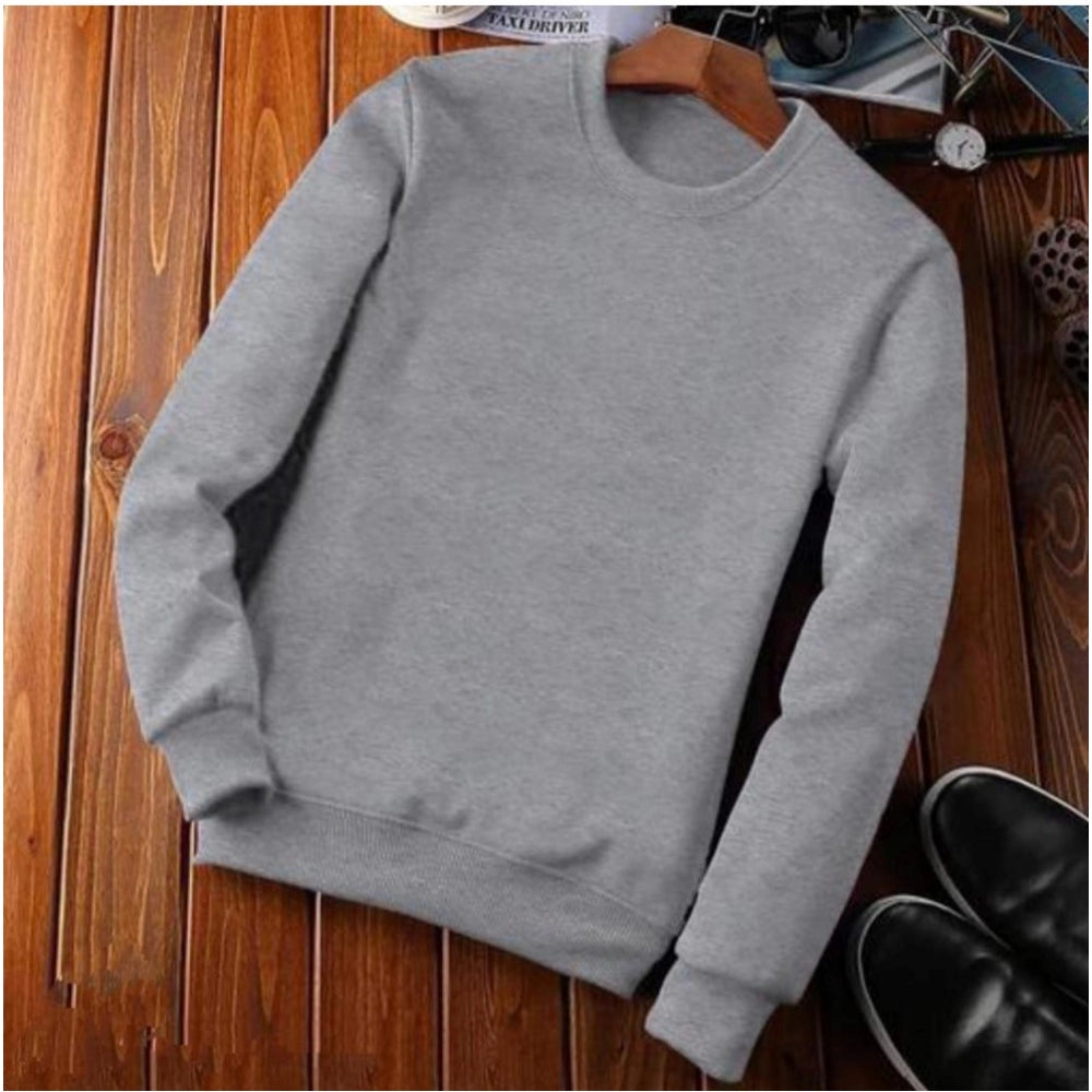 Mens Casual Fleece Solid Round Neck Long Sleeves Sweatshirt Grey