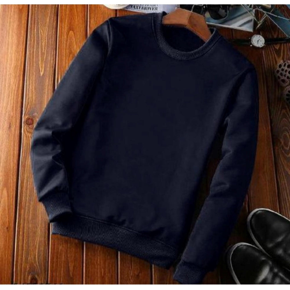 Men's Casual Fleece Solid Round Neck Long Sleeves Sweatshirt (Navy Blue)