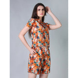 Women's Cotton Blended Printed Round Neck Half Sleeve Top - Shorts Set (Orange) - GillKart