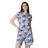 Women's Cotton Blended Printed Round Neck Half Sleeve Top - Shorts Set (Blue-Peach) - GillKart