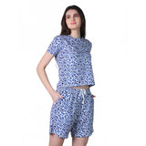 Women's Cotton Blended Printed Round Neck Half Sleeve Top - Shorts Set (Blue) - GillKart