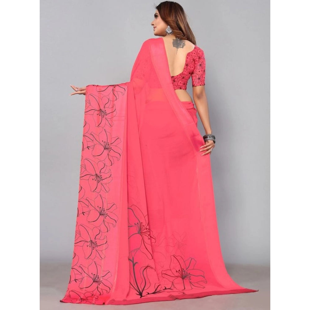 Women's Sattin Patta Printed Saree With Unstitched Blouse (Pink, 5-5 Mtrs) - GillKart