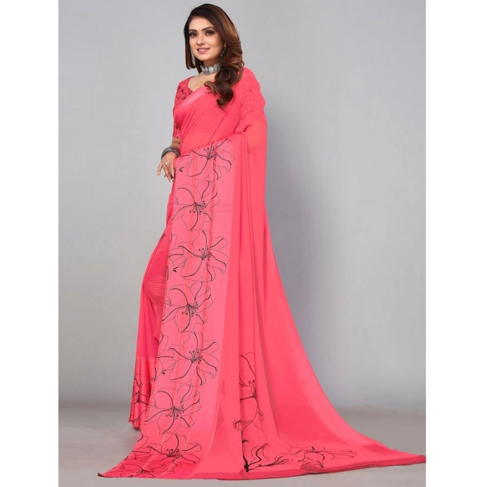 Women's Sattin Patta Printed Saree With Unstitched Blouse (Pink, 5-5 Mtrs) - GillKart