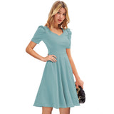 Women's Knitting strachable Solid V Neck Cap Sleeve Dresses (Pista) - GillKart