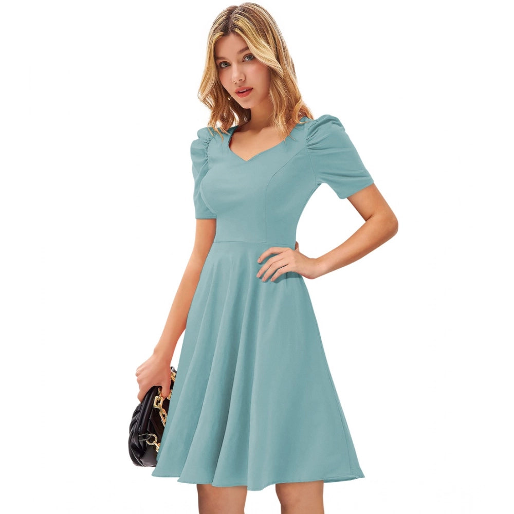 Women's Knitting strachable Solid V Neck Cap Sleeve Dresses (Pista) - GillKart