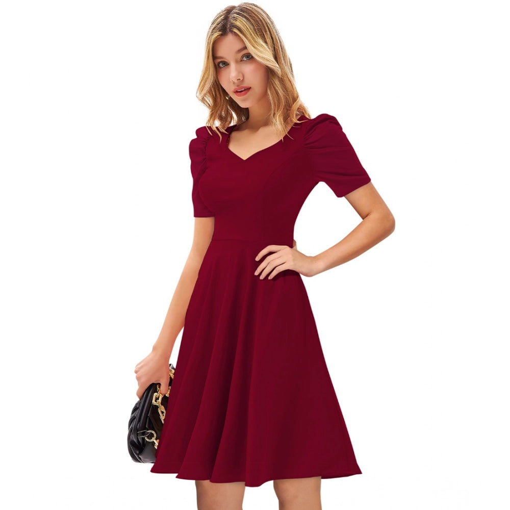 Women's Knitting strachable Solid V Neck Cap Sleeve Dresses (Maroon) - GillKart