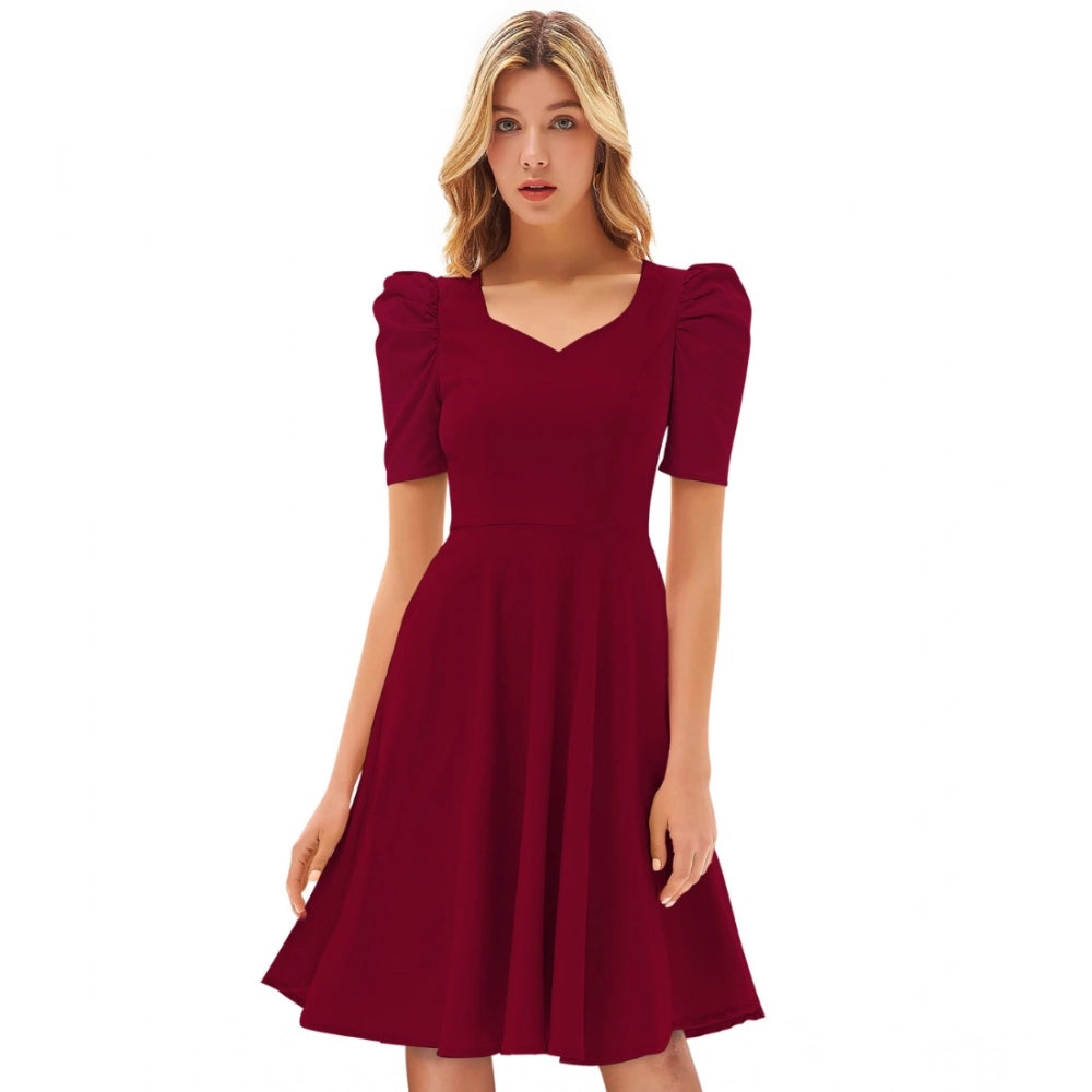 Women's Knitting strachable Solid V Neck Cap Sleeve Dresses (Maroon) - GillKart