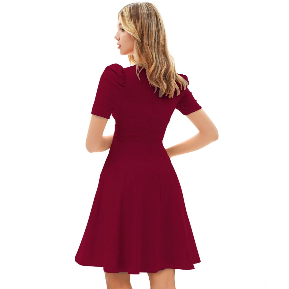 Women's Knitting strachable Solid V Neck Cap Sleeve Dresses (Maroon) - GillKart