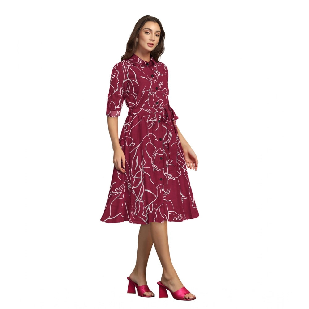 Women's Ruby Cotton Printed Shirt Collar 3-4th Sleeve Dresses (Maroon) - GillKart